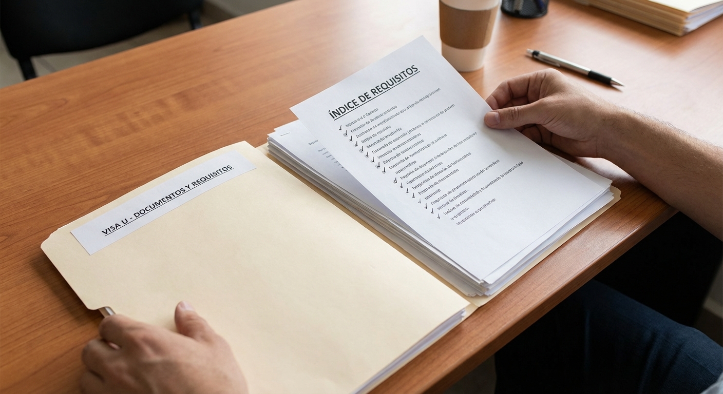Manos organizando una carpeta de documentos y un indice de requisitos para el proceso de la visa U