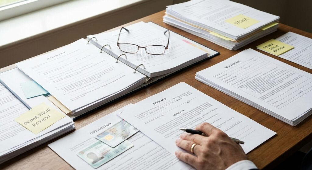 Mesa de trabajo con documentos, declaraciones e identificaciones; que es prima facie VAWA.