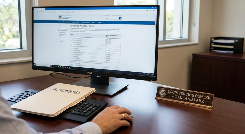 Pantalla con tiempo de procesamiento USCIS Texas y carpetas de documentos en una mesa.