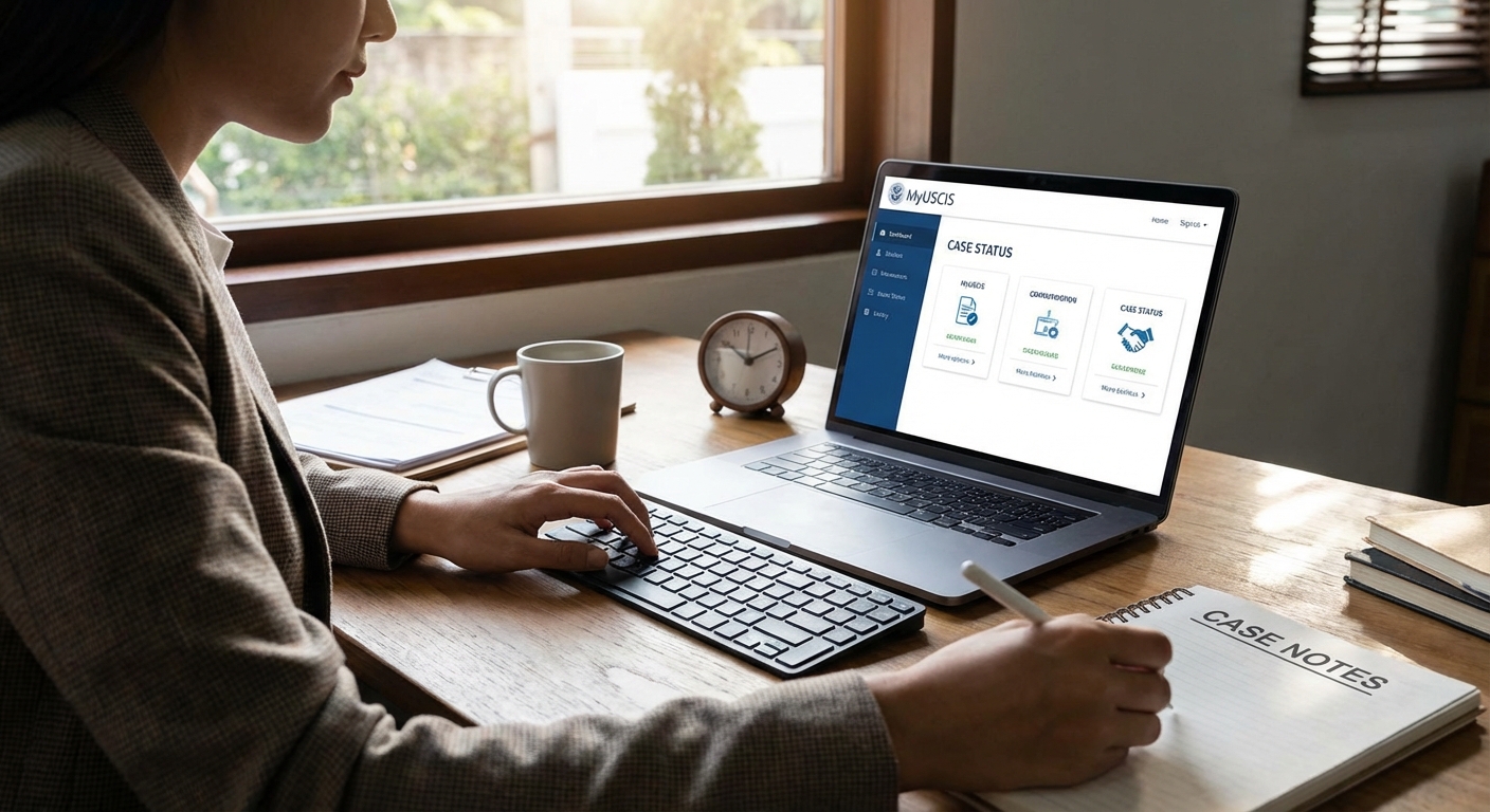 Persona registrando actualizaciones en el portal MyUSCIS, gestionando tiempo de procesamiento USCIS Texas y notas de caso.