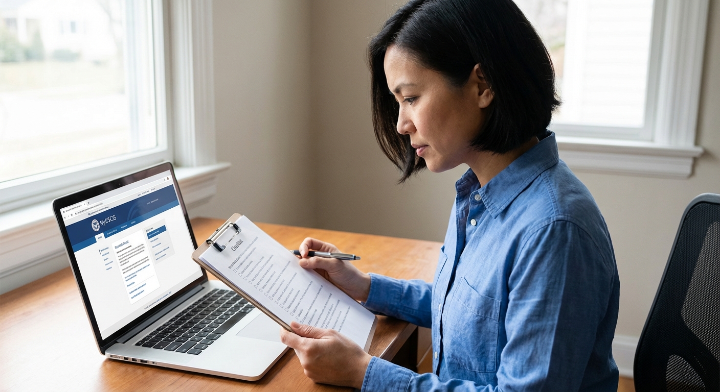 Persona revisando un checklist junto a un ordenador con el portal MyUSCIS y tiempo de procesamiento USCIS Texas.