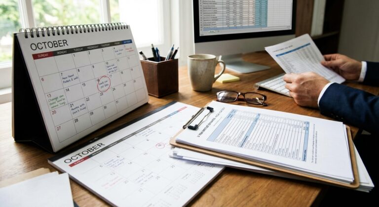 Visa U 7 Vista de escritorio con papeles, calendario y monitor: la lista de espera de visas U, en qué año van las visas U