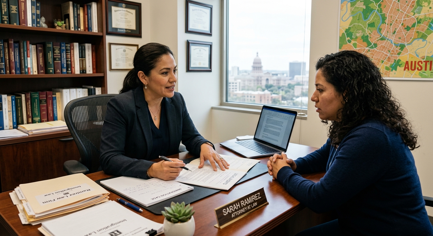 Ley SB 8 en Texas y programa 287(g): qué significa para inmigrantes en Austin 1 Abogada asesorando a una persona sobre derechos constitucionales y la ley sb8 texas en una oficina de Austin.