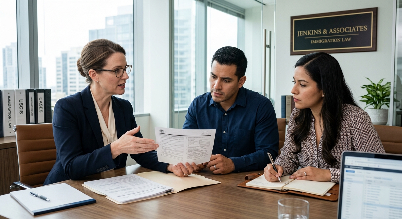 Green card por matrimonio: pasos del proceso y tiempos reales en 2026 1 Abogada explica a una pareja las etapas y los tiempos del proceso de green card por matrimonio.
