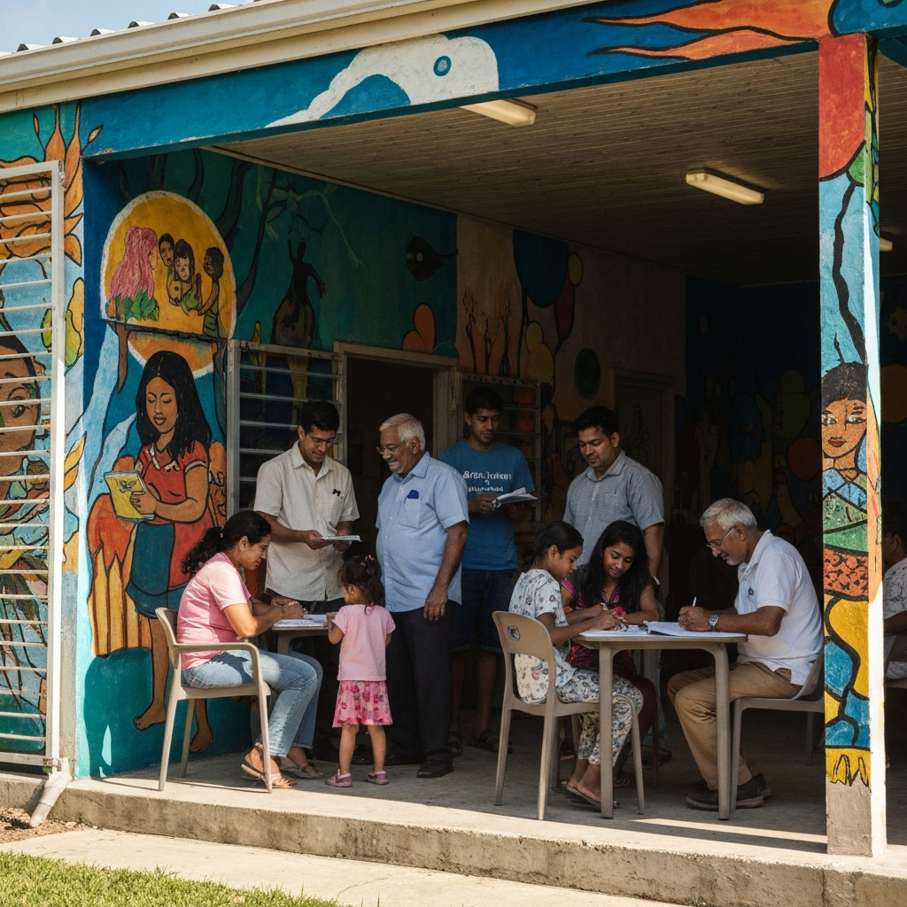 Políticas migratorias de EEUU en plena ofensiva: detenciones, asilo y visas redefinen el panorama 3 Centro comunitario atendiendo familias al aire libre