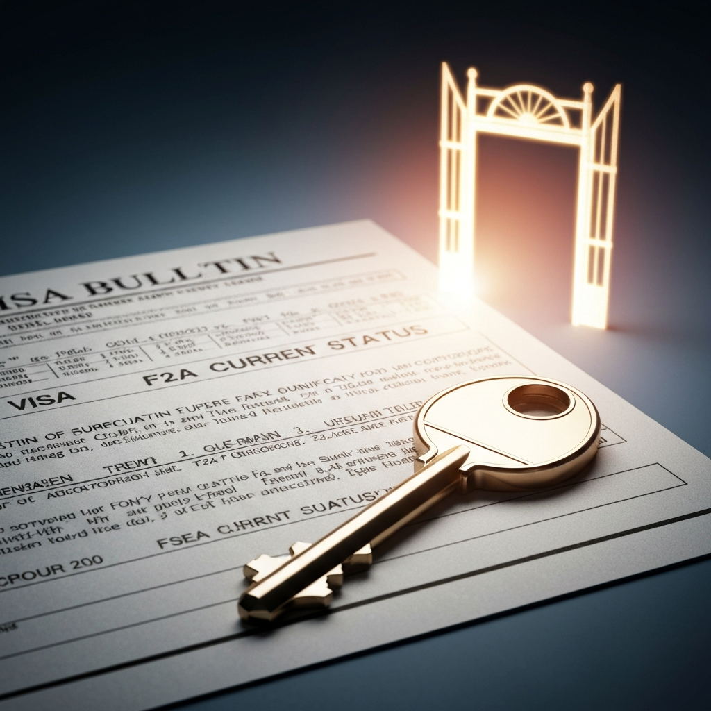 Conceptual: boletin de visa abierto, llave y puerta de luz.