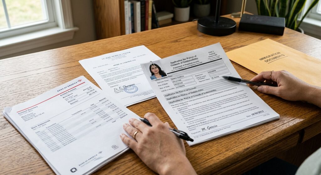 Perdón migratorio I-601 y cuánto tarda la respuesta de USCIS 5 Documentos de evidencia financiera y medica junto al formulario para el perdon migratorio i-601 sobre un escritorio de madera.