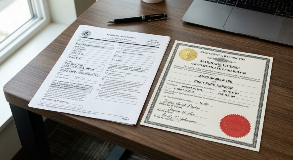 Green card por matrimonio: pasos del proceso y tiempos reales en 2026 15 Documentos legales y formularios oficiales necesarios para solicitar la green card por matrimonio ante las autoridades federales.