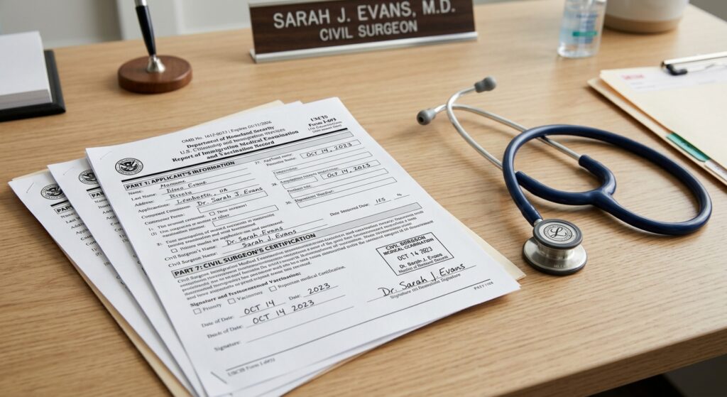 Formulario I-693 sobre un escritorio medico con estetoscopio para el examen medico de inmigracion residencia en un entorno clinico profesional.
