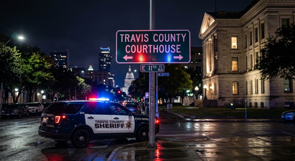 Ley SB 8 en Texas y programa 287(g): qué significa para inmigrantes en Austin 2 Luces de patrulla estatal en una calle de Austin reflejando la incertidumbre por la ley sb8 texas.