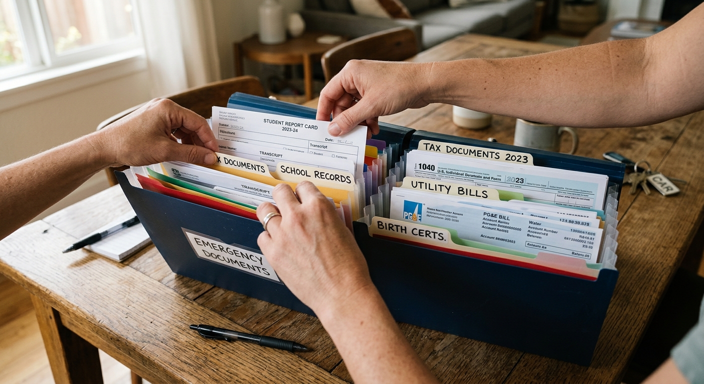 Ley SB 8 en Texas y programa 287(g): qué significa para inmigrantes en Austin 2 Manos organizando documentos y registros escolares en una carpeta de pruebas.