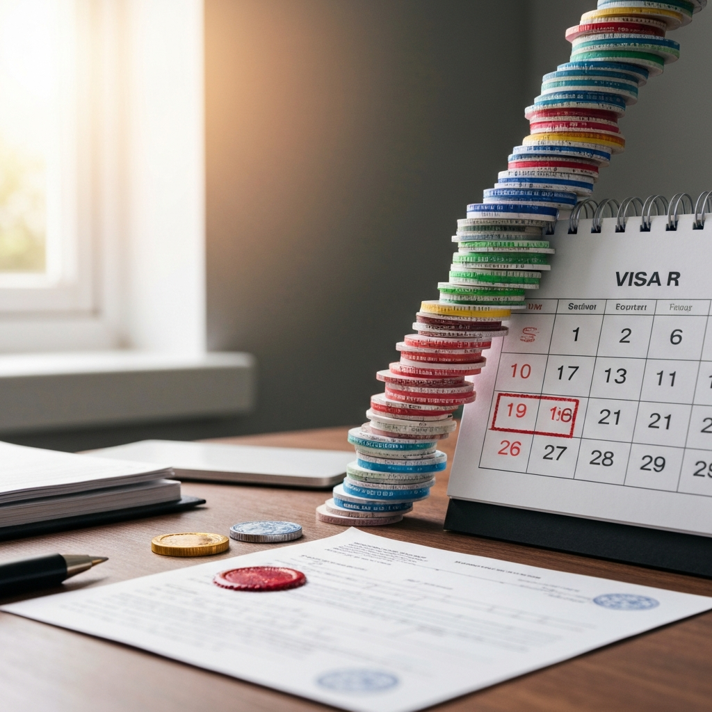 Mesa con calendario y sellos de visa