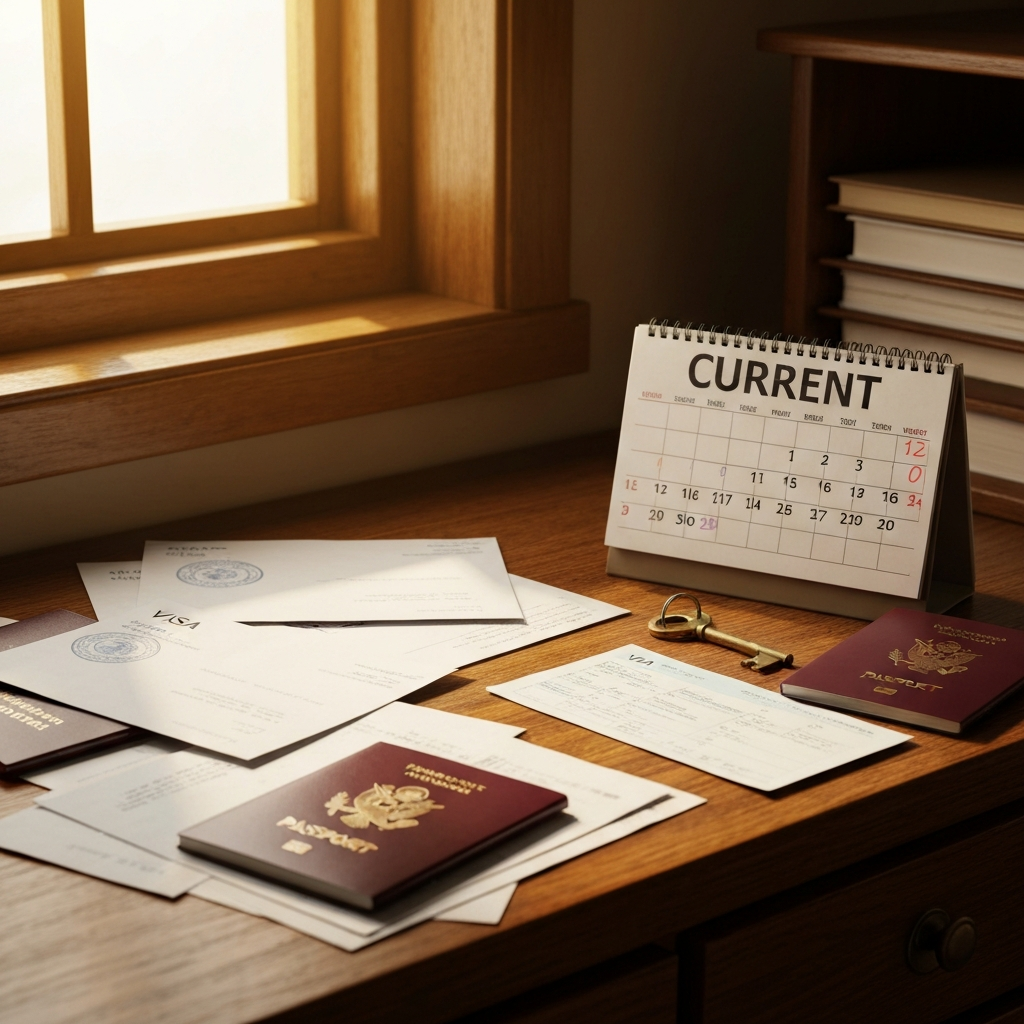 Mesa con papeles de visa, calendario y llave, simbolizando oportunidad.