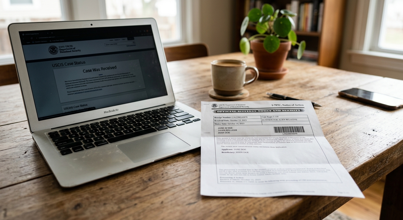 Green card por matrimonio: pasos del proceso y tiempos reales en 2026 2 Notificación oficial I-797 de USCIS recibida por correo tras enviar la petición familiar.