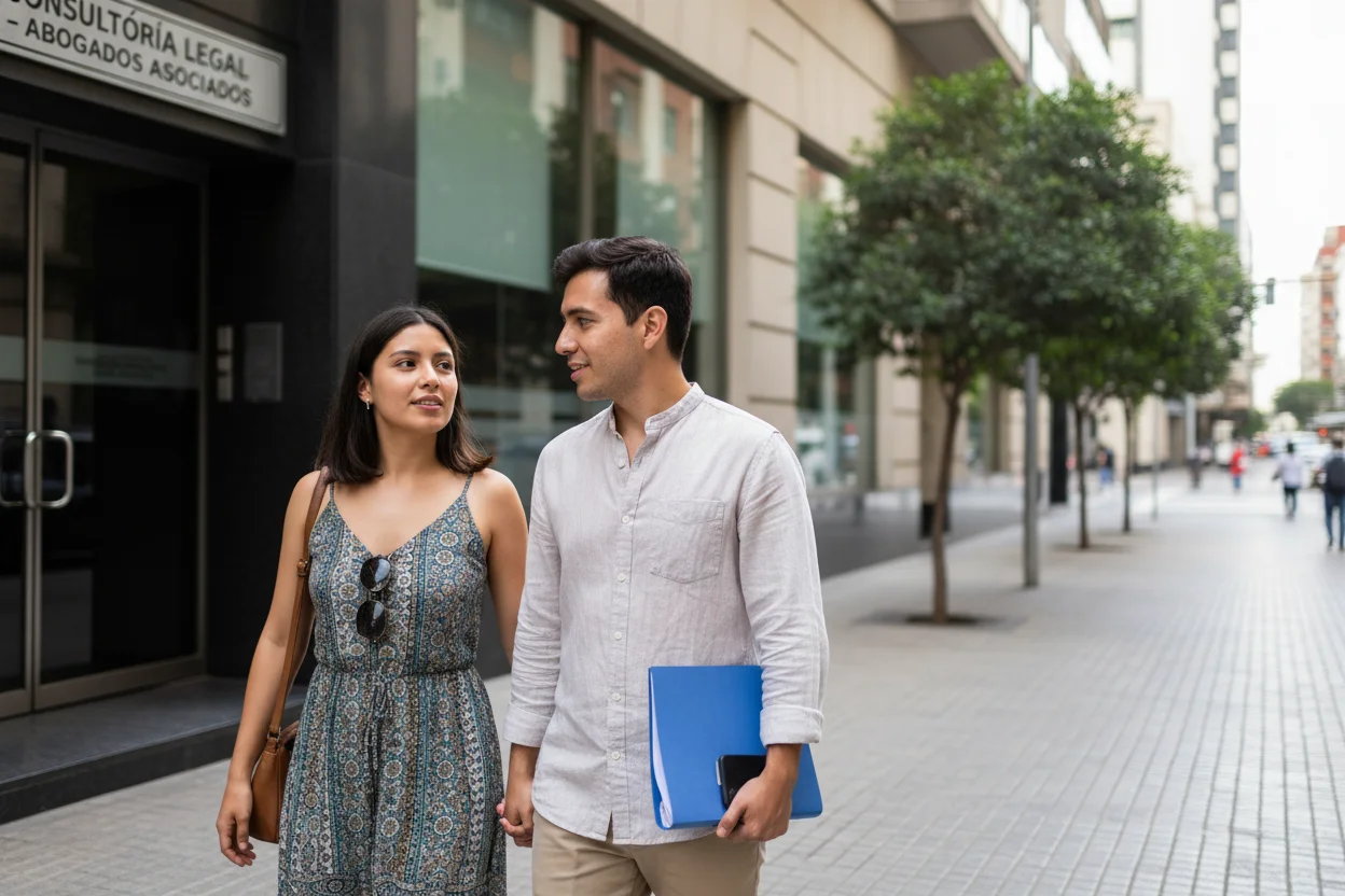 Estados que dan licencia a indocumentados en 2026: lista actualizada 3 Pareja latina saliendo de una consulta legal tras recibir orientación sobre su licencia de manejo.