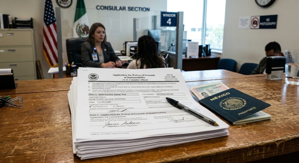 ¿Puedo sacar visa si estuve de ilegal en USA? Opciones reales 4 Un pasaporte junto a formularios I-601 sobre un escritorio, planteando si puedo sacar visa si estuve de ilegal en usa de forma legal.