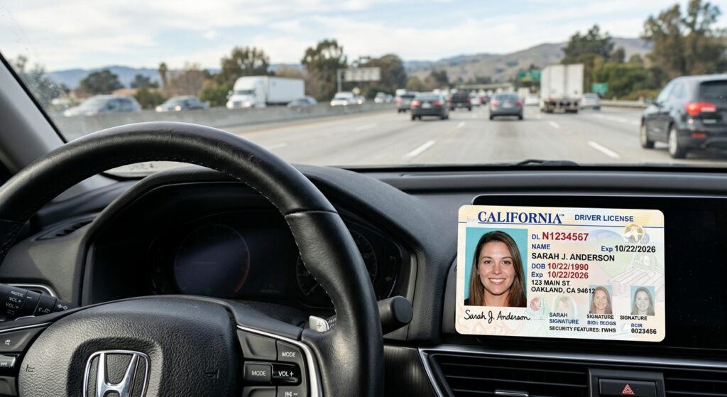 Una licencia de conducir sobre el tablero de un auto en estados que dan licencia a indocumentados mientras circula por la carretera.
