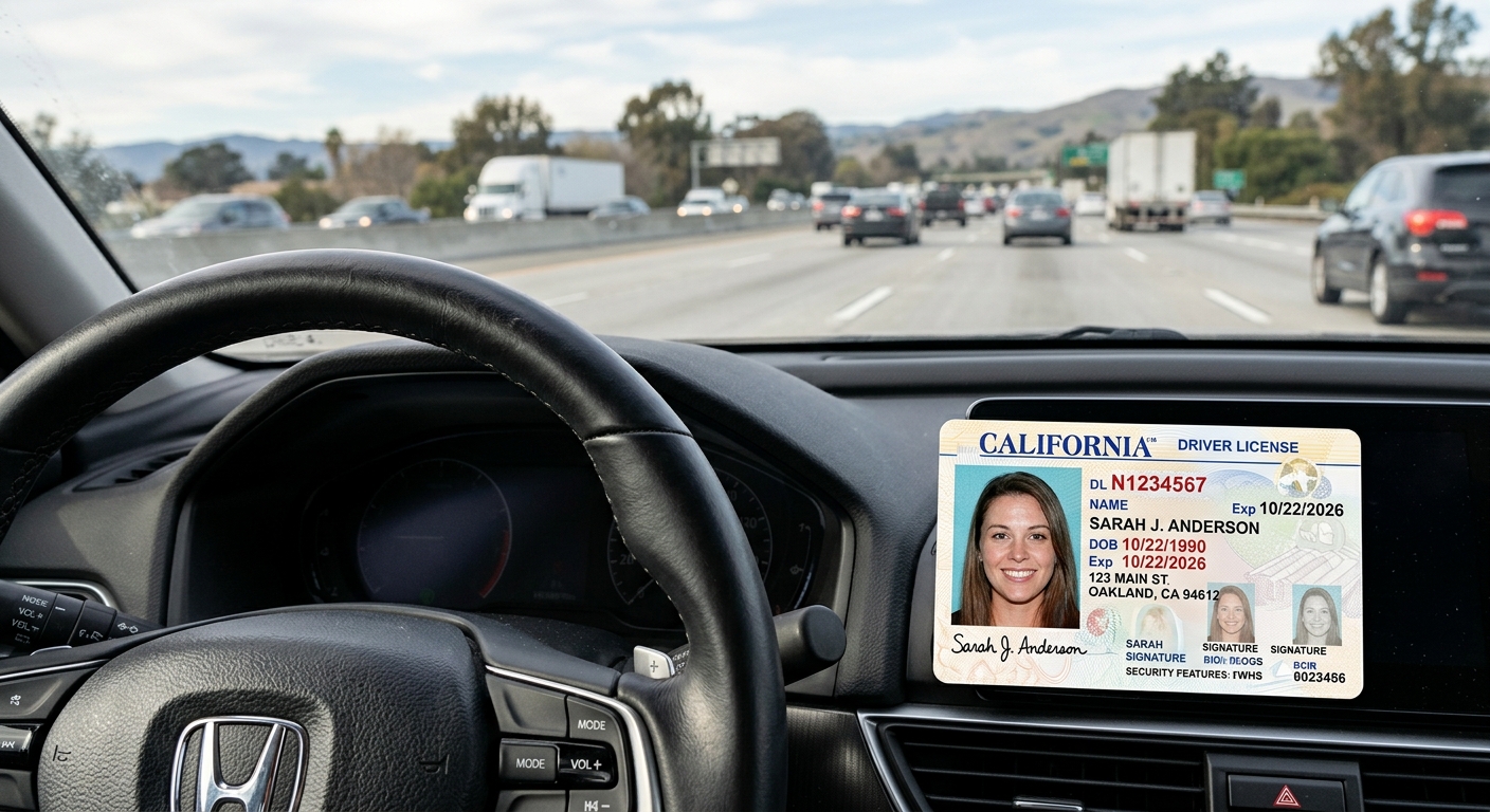 Una licencia de conducir sobre el tablero de un auto en estados que dan licencia a indocumentados mientras circula por la carretera.