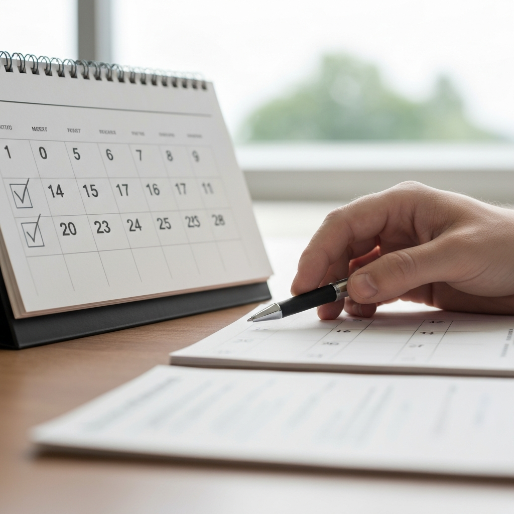 Calendario de escritorio y lista de tareas con luz natural.