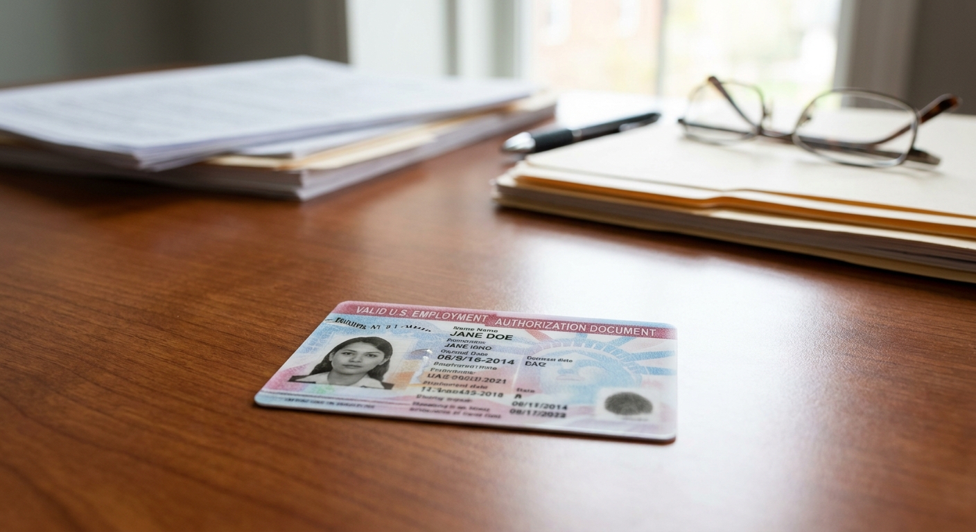 Documento de Autorizacion de Empleo EAD aprobado sobre una pila de documentos.