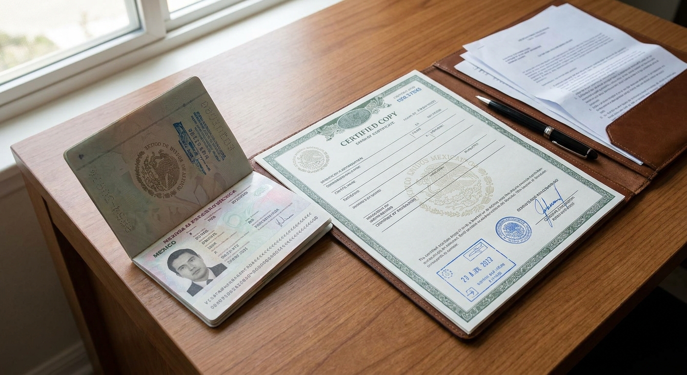 Consulado mexicano en Austin Texas, trámites y cómo prepararte 3 Documentos oficiales organizados en un escritorio: pasaporte, acta de nacimiento y otros.