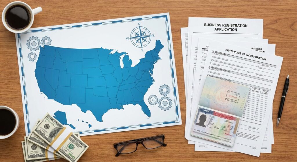 ¿Cómo abrir un negocio en Estados Unidos siendo extranjero? 2 Escritorio con mapa de estados unidos, documentos de negocio y visa para entender como abrir un negocio en estados unidos siendo extranjero.