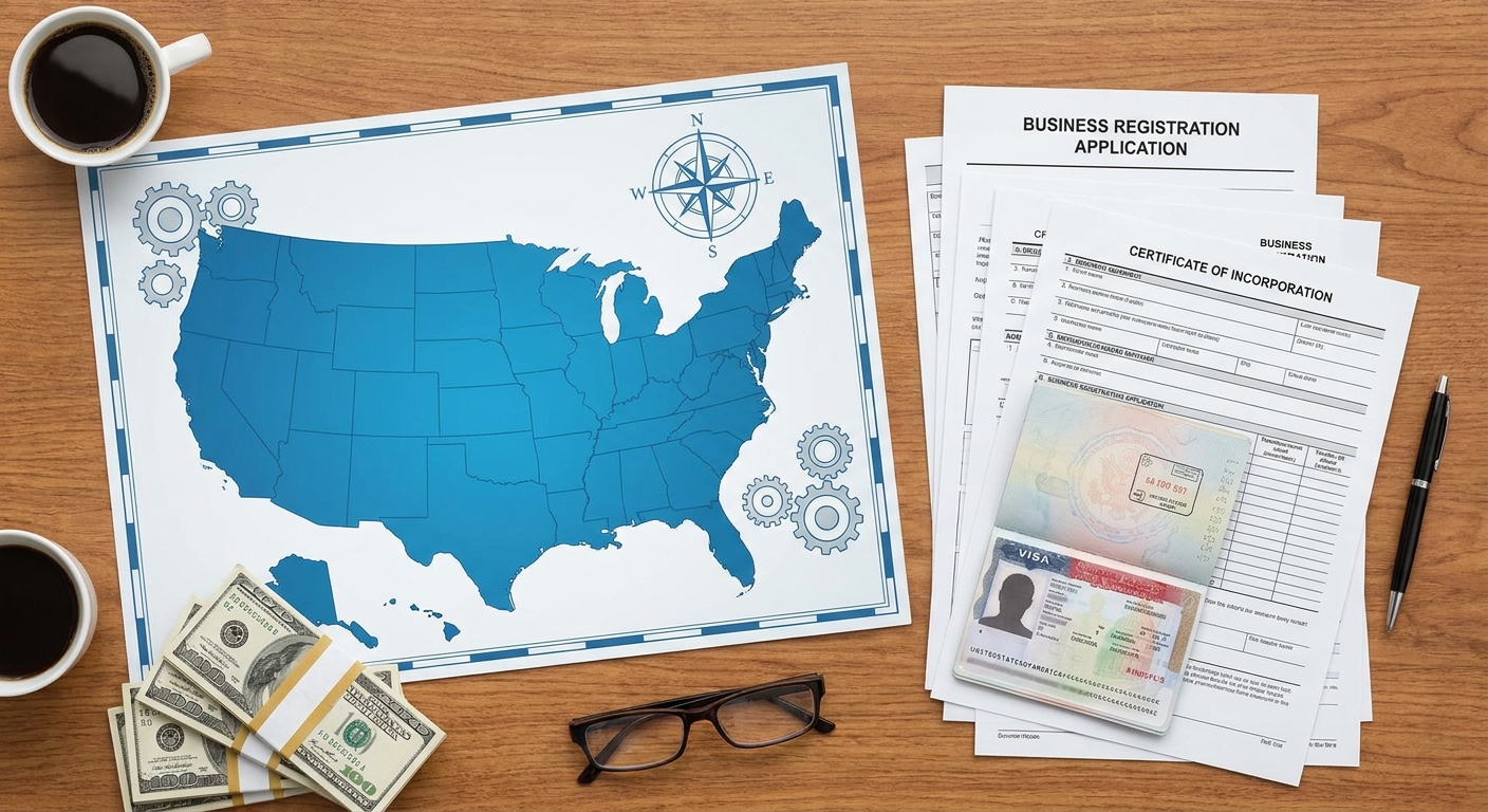 Escritorio con mapa de estados unidos, documentos de negocio y visa para entender como abrir un negocio en estados unidos siendo extranjero.
