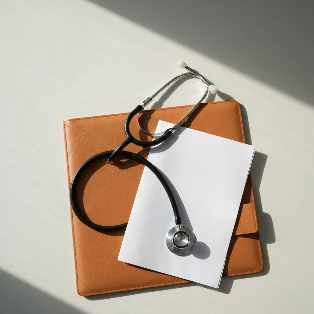 Estetoscopio y carpeta de salud sobre una mesa bajo luz natural matutina.