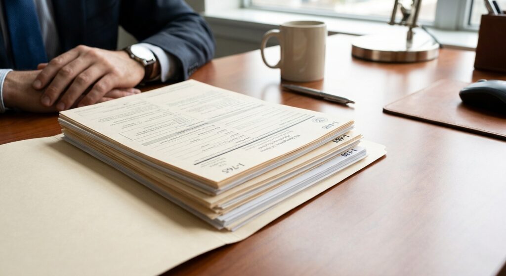 ¿Cómo obtener el permiso de trabajo por matrimonio con ciudadano americano? 5 Formularios I-765, I-485 y I-130 en un escritorio, representando el proceso de permiso de trabajo por matrimonio en Estados Unidos.