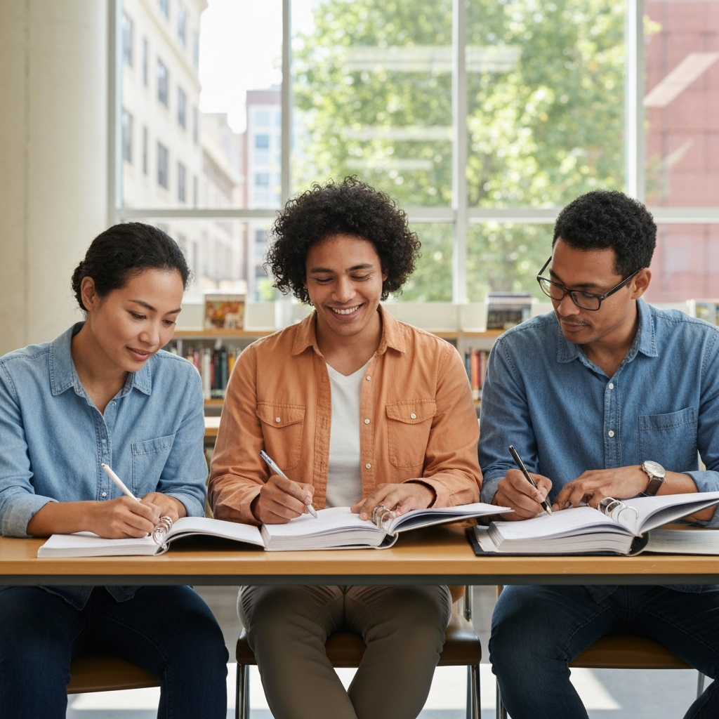 USCIS expande herramienta de rastreo para permisos de viaje y agiliza la ciudadanía 3 Grupo de personas estudiando juntas en una biblioteca iluminada con grandes ventanales.