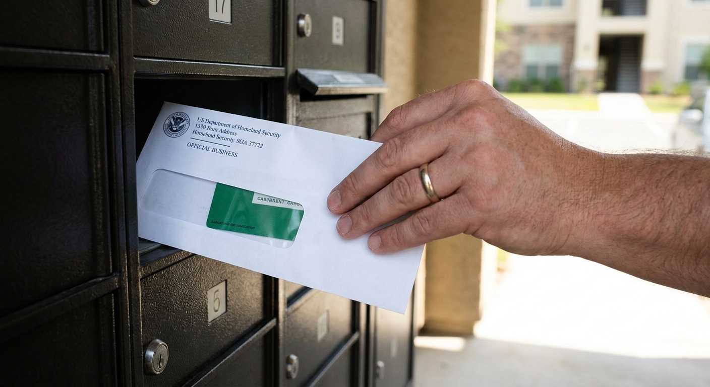 Ajuste de estatus por VAWA paso a paso 2 Mano extrayendo Green Card por ajuste de estatus VAWA de sobre oficial de USCIS.