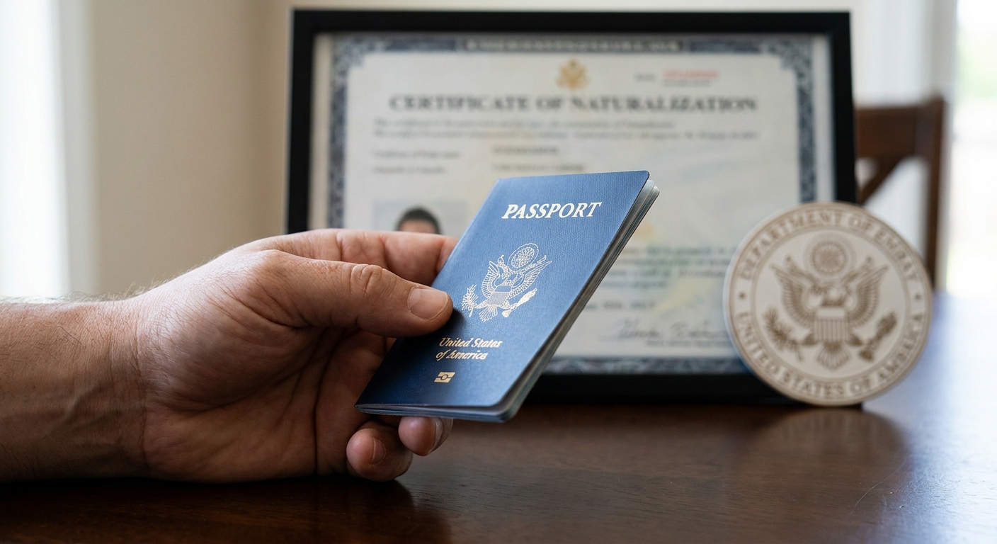 Mano sosteniendo un pasaporte estadounidense, con certificado de naturalizacion y sello oficial.
