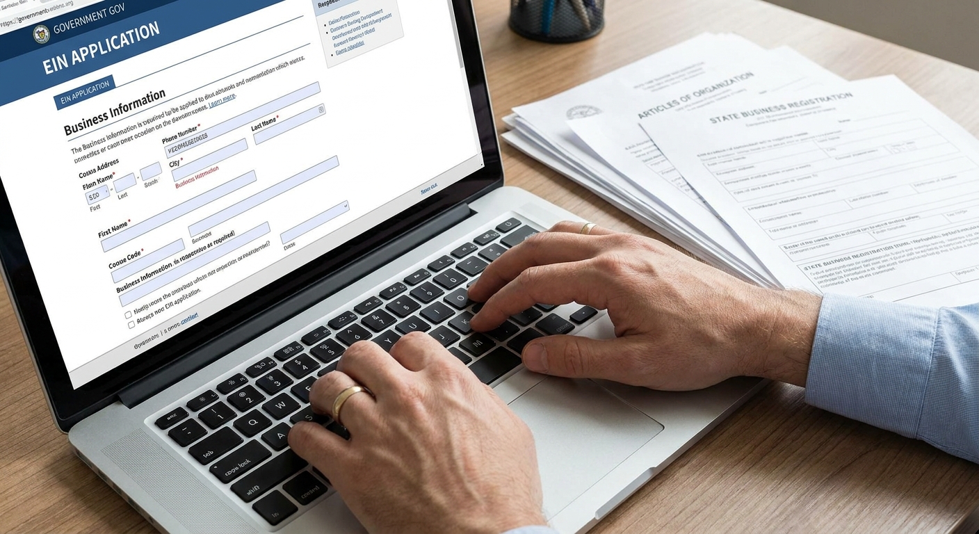 ¿Cómo abrir un negocio en Estados Unidos siendo extranjero? 2 Manos completando formulario de solicitud de EIN para una empresa en Estados Unidos en linea.
