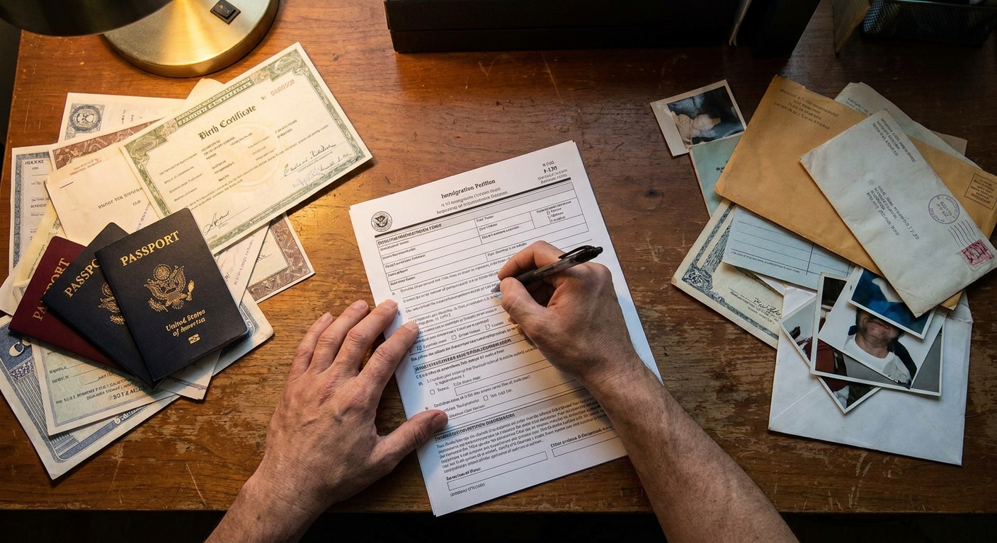 ¿Cómo solicitar la residencia para tus padres con la petición familiar? 2 Manos completando formulario I-130 con documentos de apoyo para solicitud migratoria.