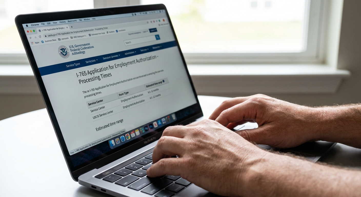 Manos consultando tiempos de procesamiento de EAD en el sitio web oficial de USCIS.