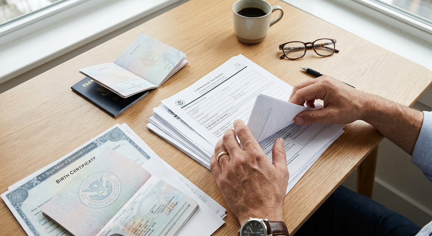 ¿Cómo solicitar la residencia para tus padres con la petición familiar? 1 Manos de ciudadano estadounidense revisando formulario I-130 y documentos de apoyo migratorios.