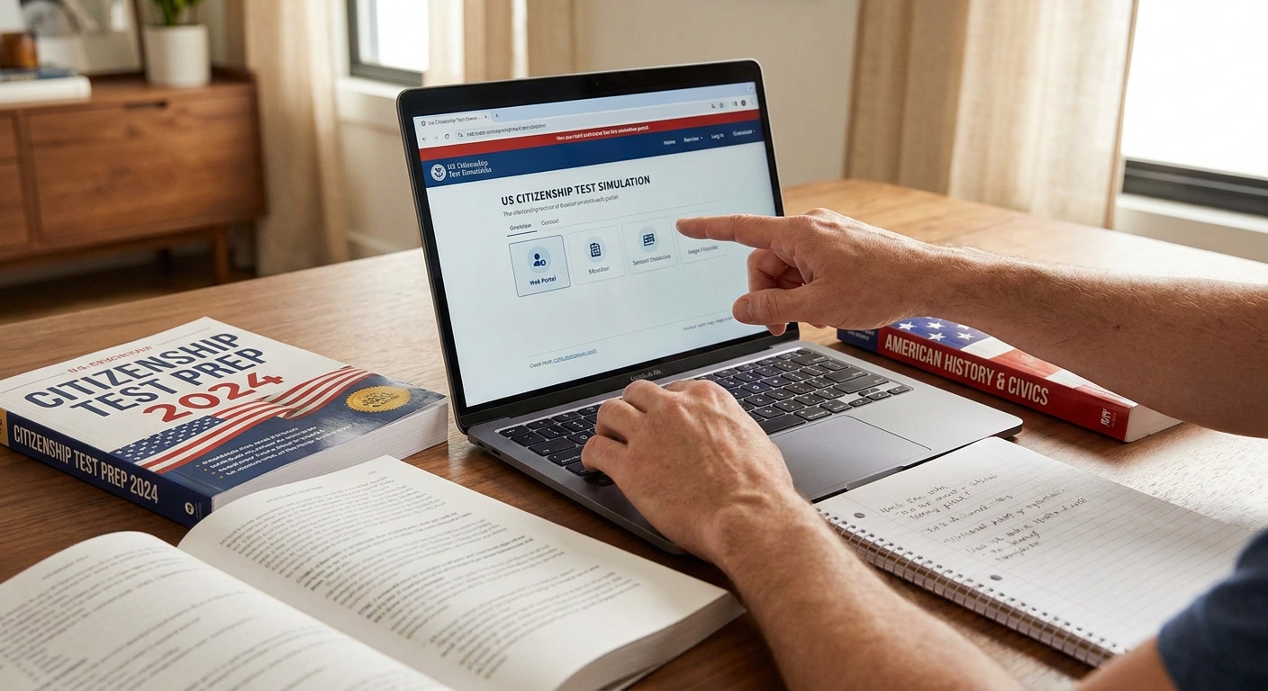 Examen de ciudadanía americana 2025: las preguntas que debes saber según cuándo aplicaste 2 Manos estudiando simulacro de examen de civismo en línea para naturalización americana.