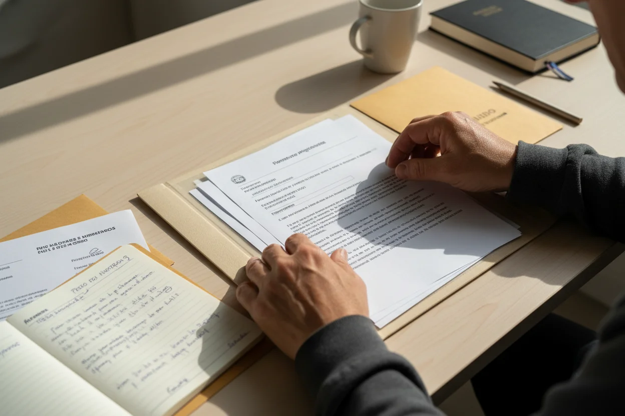 ¿Qué es la visa VAWA? Significado, protección y proceso 2 Manos organizando expediente con formulario I-360 para el proceso de la visa VAWA sobre escritorio