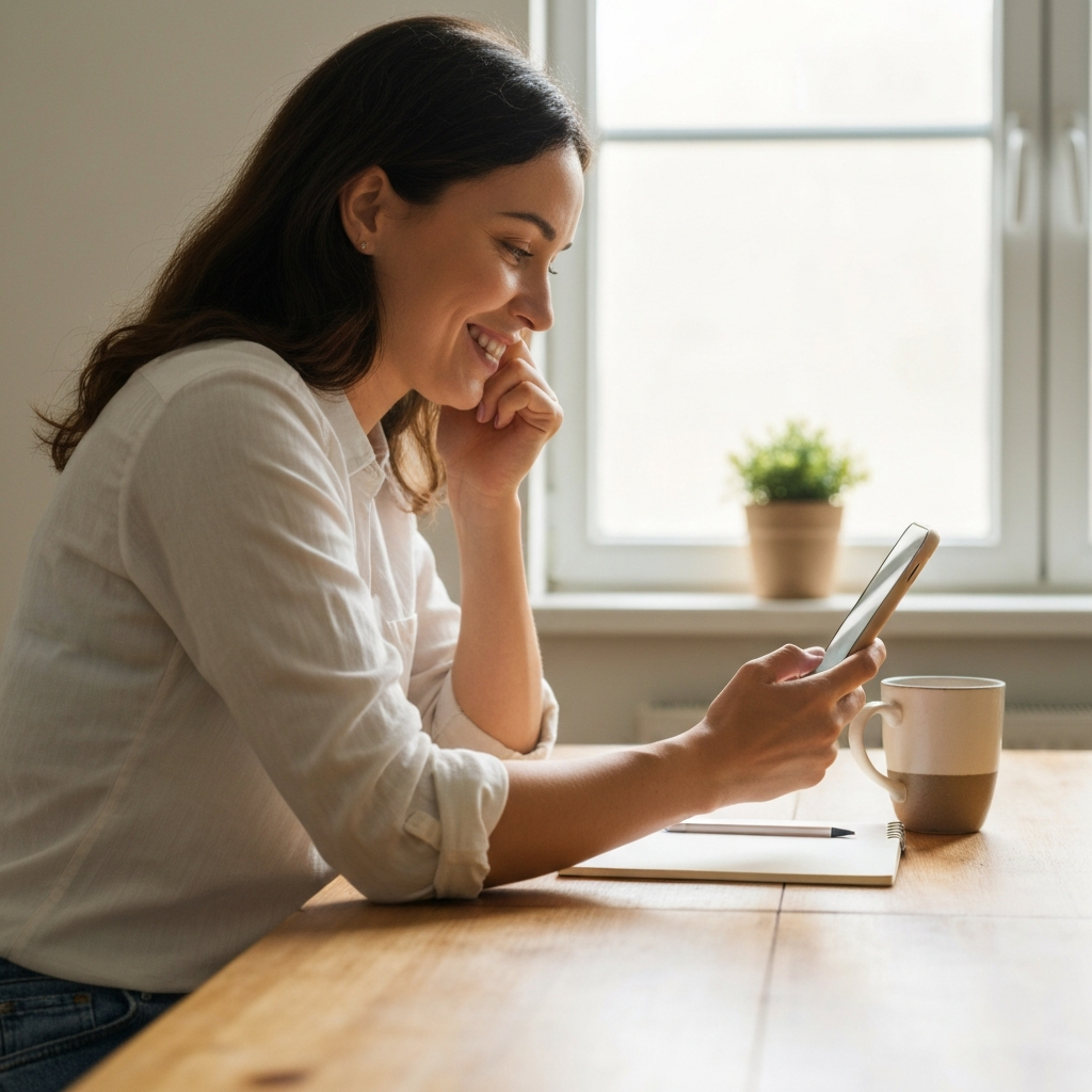 USCIS expande herramienta de rastreo para permisos de viaje y agiliza la ciudadanía 1 Mujer sentada en una mesa de cocina mirando su celular con expresion de alivio.