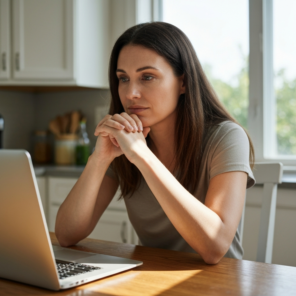 Mujer sentada frente a una computadora portatil con expresion de alivio y esperanza.