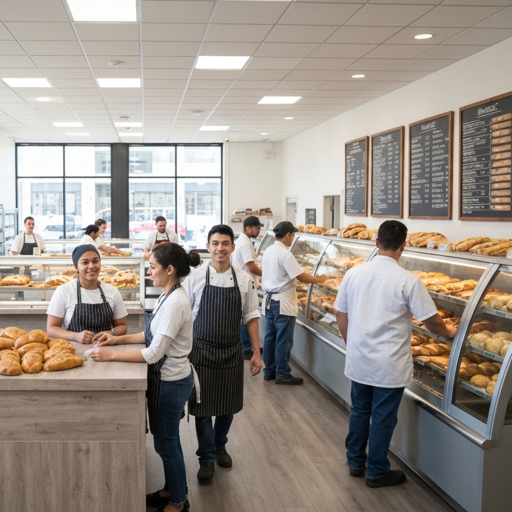 USCIS agiliza permisos de trabajo y fortalece protecciones para inmigrantes 3 Panaderia local con empleados trabajando en un ambiente estable.