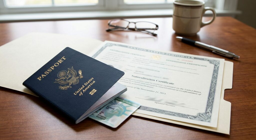 Ventajas de ser ciudadano americano frente a residente permanente 5 Pasaporte de Estados Unidos, certificado de naturalizacion y Green Card, representando las ventajas de ser ciudadano americano.