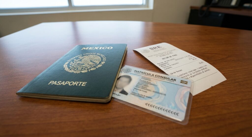 Pasaporte mexicano expedido y matricula consular sobre escritorio, con comprobante de pago.