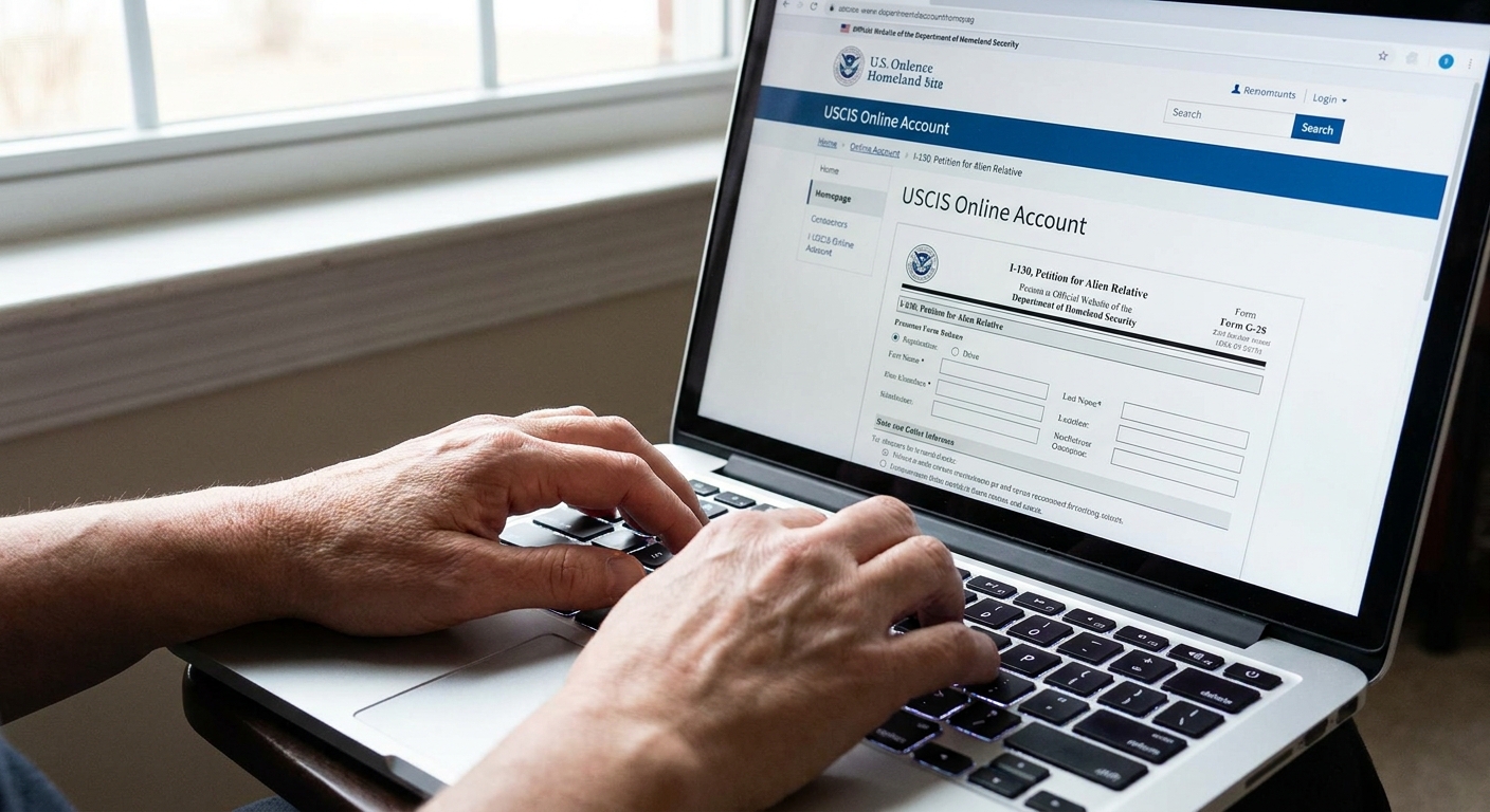 Persona completando formulario oficial I-130 en linea en un portal de USCIS.