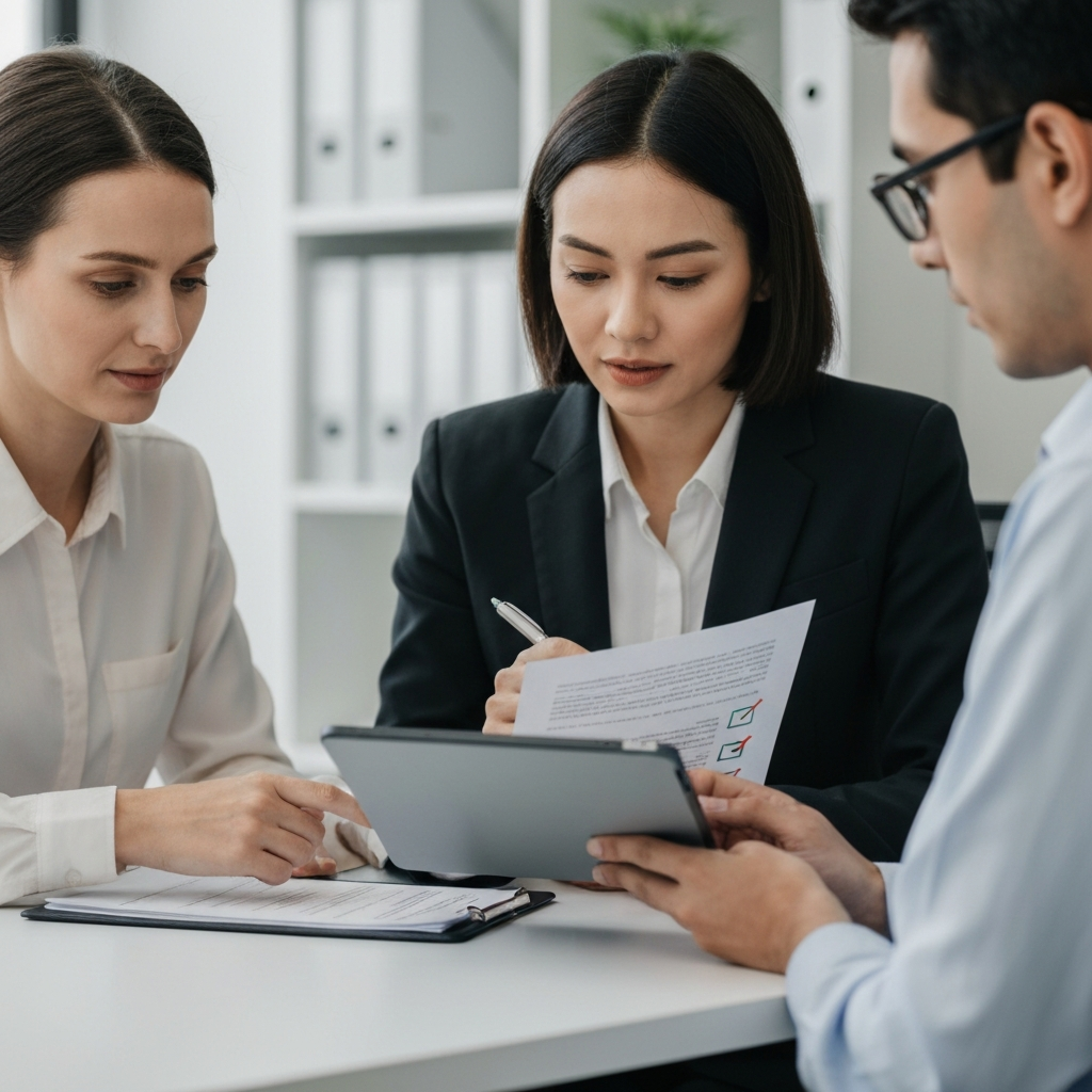 Persona recibiendo asesoria profesional revisando documentos en una oficina moderna.
