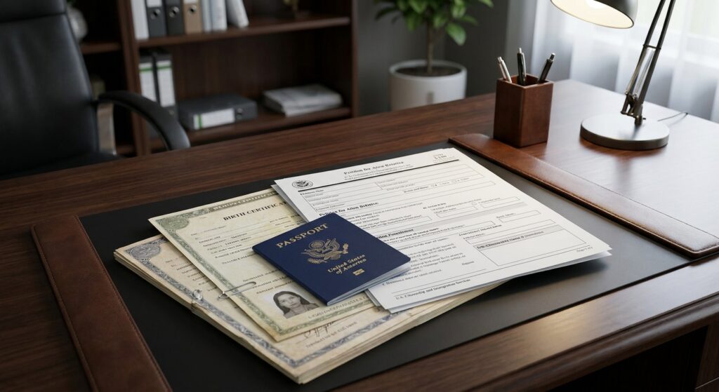 ¿Cómo solicitar la residencia para tus padres con la petición familiar? 6 Peticion familiar para padres. Documentos migratorios esenciales, incluyendo formulario I-130, pasaporte y certificado de nacimiento, organizados para iniciar tramite.