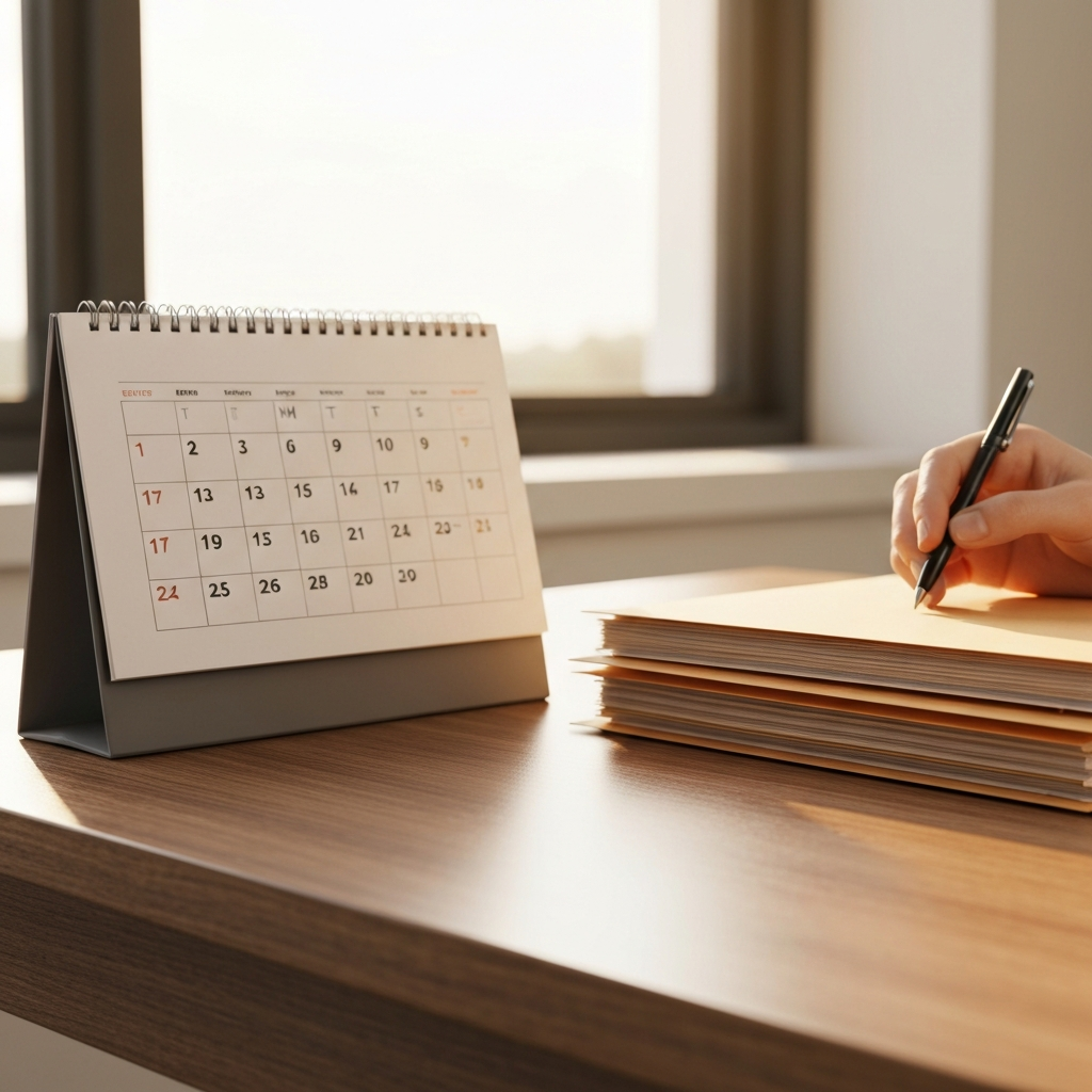Primer plano de carpetas y un calendario sobre un escritorio de madera iluminado.