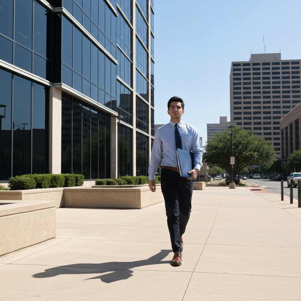 Profesional caminando hacia un edificio moderno en una ciudad soleada de Texas.