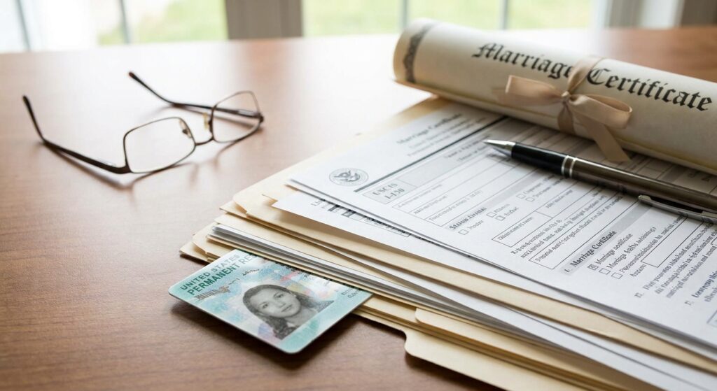 ¿Qué pasa al casarse con un ciudadano americano siendo inmigrante? 11 Tarjeta de Residencia (Green Card) con pila de documentos migratorios y certificado de matrimonio, simbolizando el proceso de casarse con ciudadano americano.