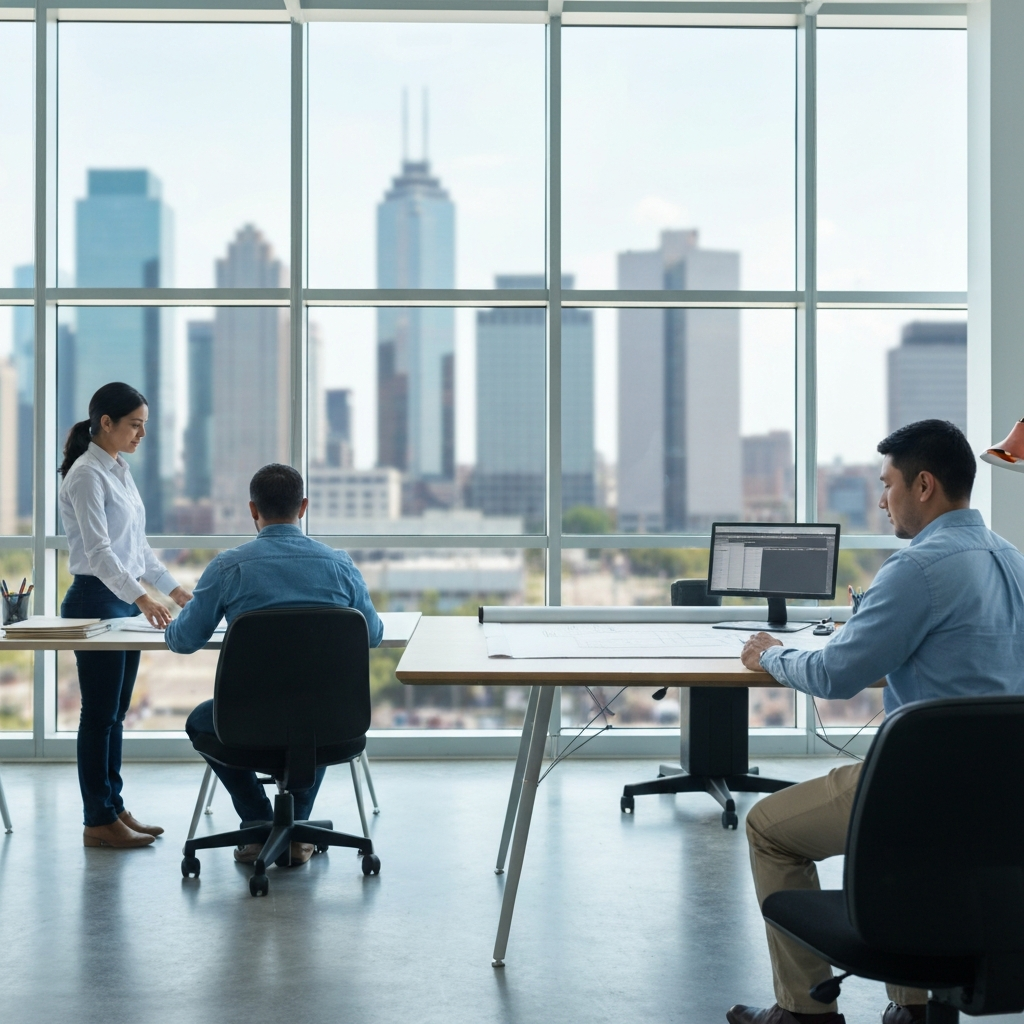 Trabajador en un estudio de arquitectura representando estabilidad laboral y profesionalismo.